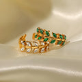 New Arrival Stainless Steel Ring 18K Gold Leaf-shaped Inlaid White and Green Zircon Rings