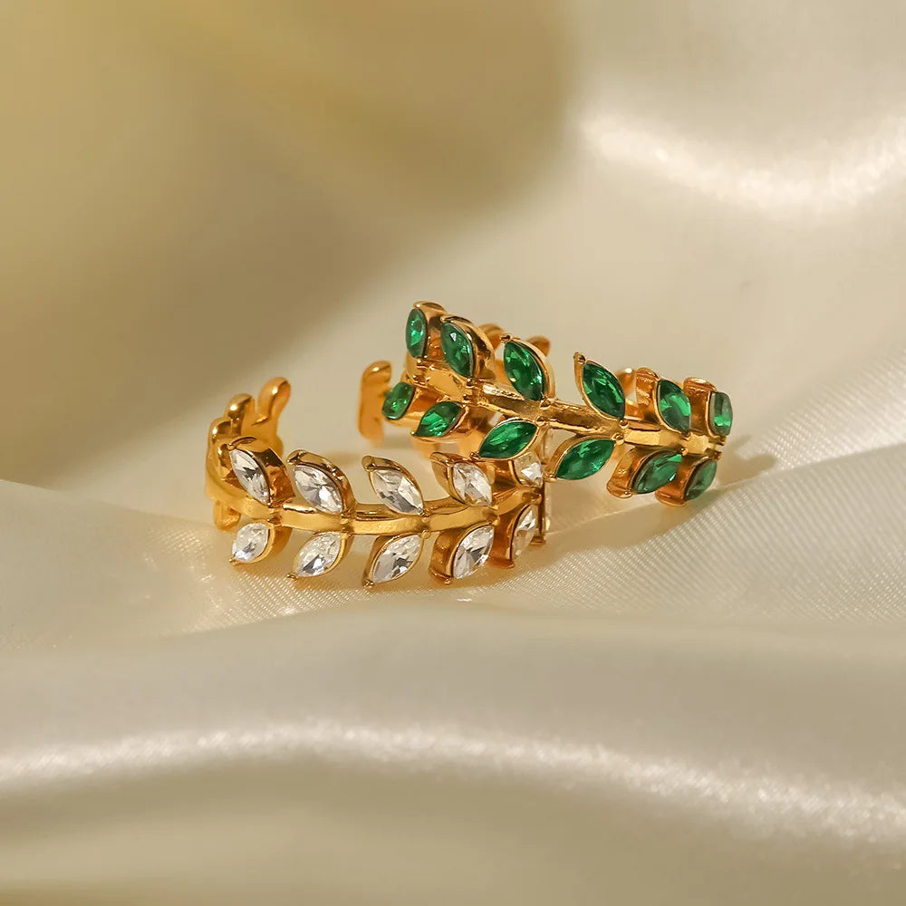 New Arrival Stainless Steel Ring 18K Gold Leaf-shaped Inlaid White and Green Zircon Rings