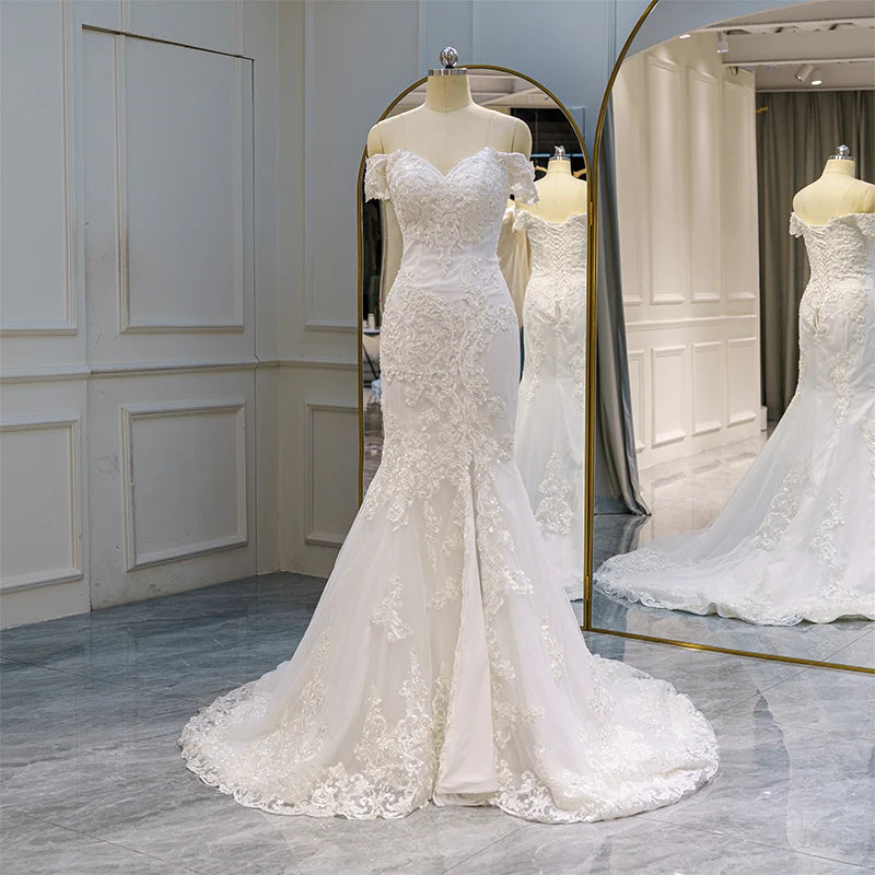 Jancember RL182 Romantic Sweetheart Off Shoulder Mermaid Appliques Pearls Wedding Dress