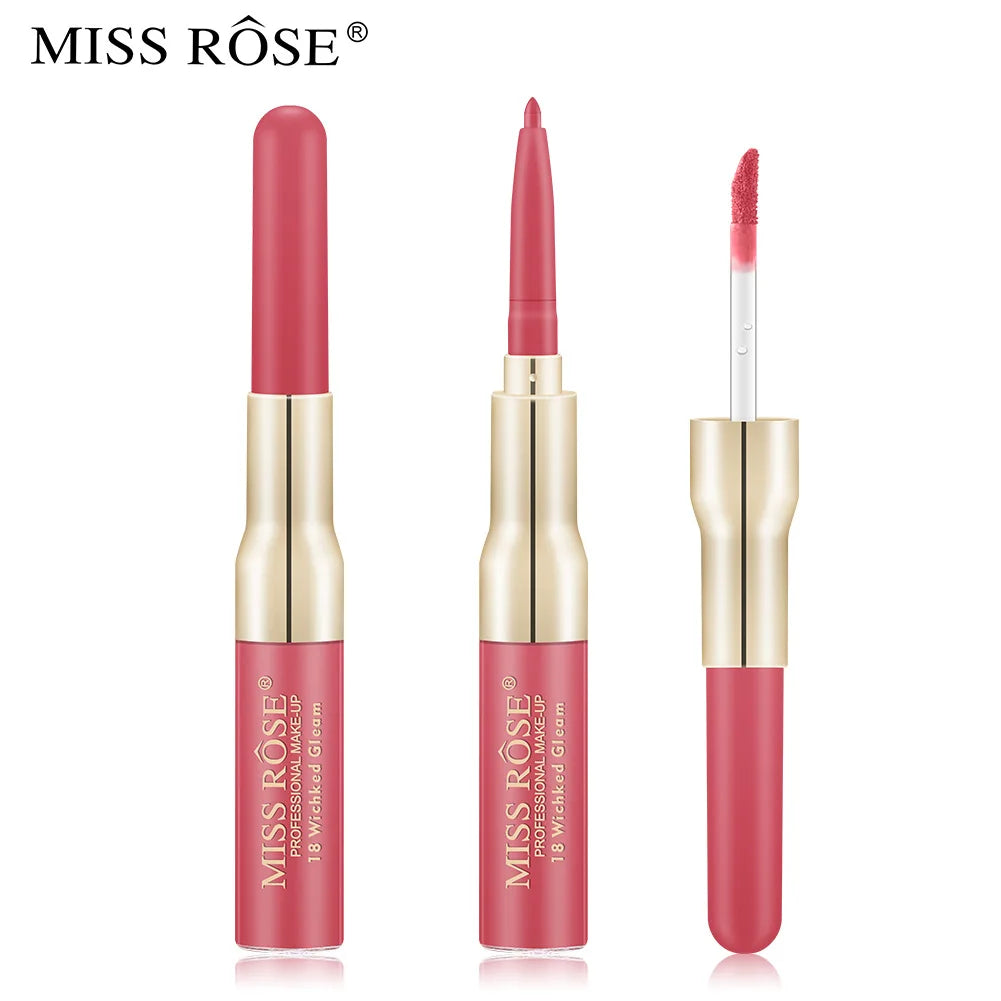 7102A1 MISS ROSE Long Lasting Waterproof Matte Vegan Lip Gloss Moisturizing Liquid Lipstick 2 in 1 Lip Gloss and Lip Liner Kit