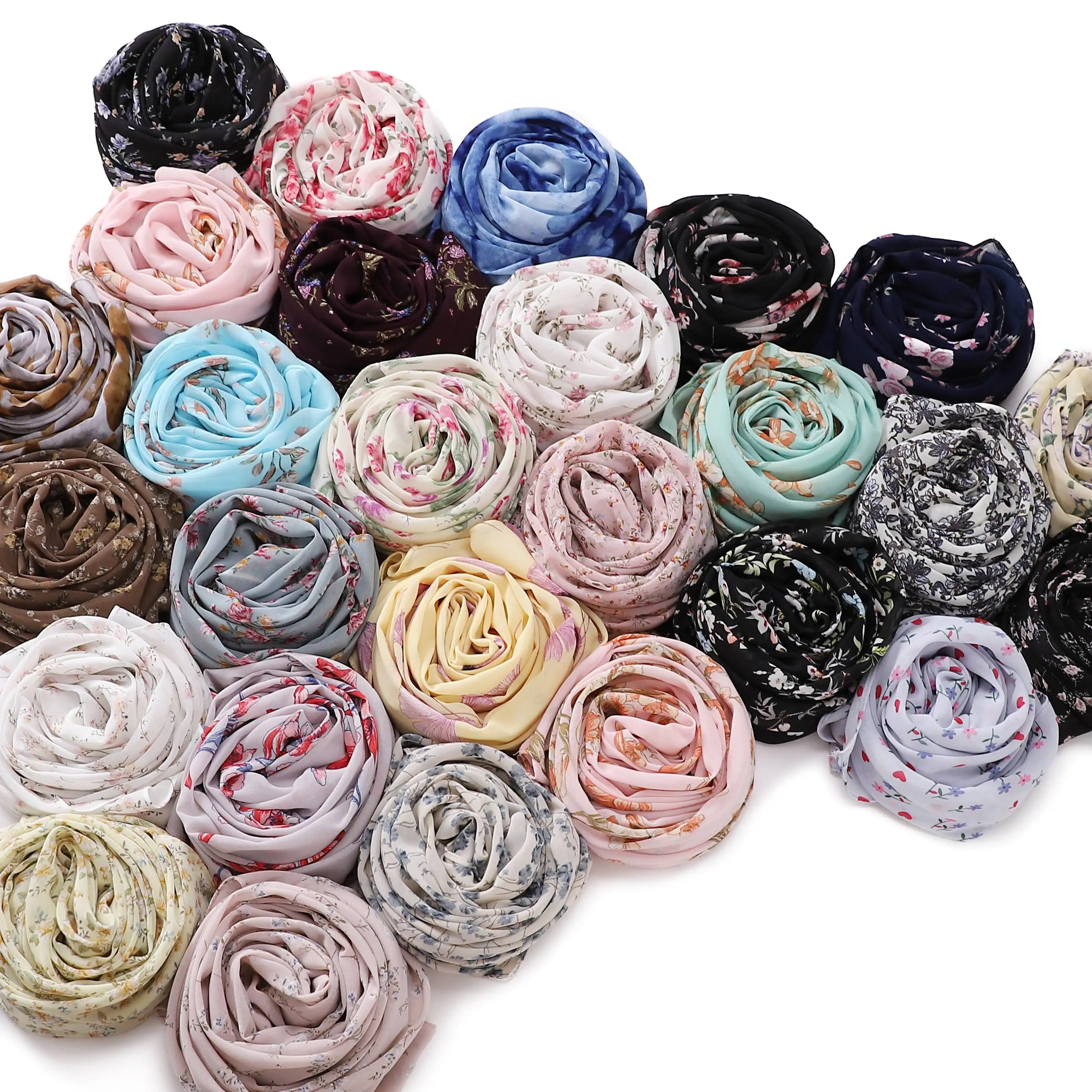 New Designs Fashion Women Chiffon Floral Scarf Muslim Hijab Comfortable Shawls Tudung Headband Borong Scarves Headscarf Wraps