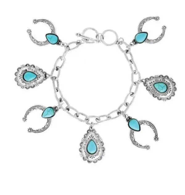 Retro Western Boho Style Geometric Waterdrop Pendant Turquoise Bracelet for Women Gift Wholesale