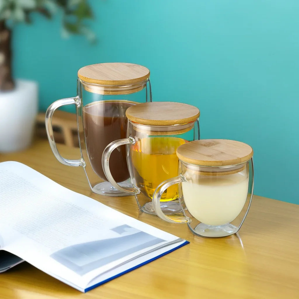 Handblown Elegant Reusable High Borosilicate Double Wall Glass Coffee Cup with Handle and Bamboo Wooden Lid for Drinking Mug