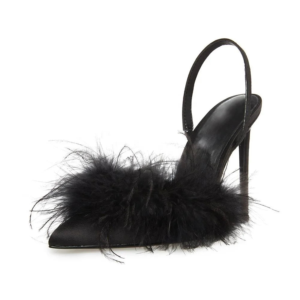 Women High Heel Pumps Shoes Solid Color Pointed Toe Slingback Thin High Heels Feathers Plus SIze Luxury Shoes