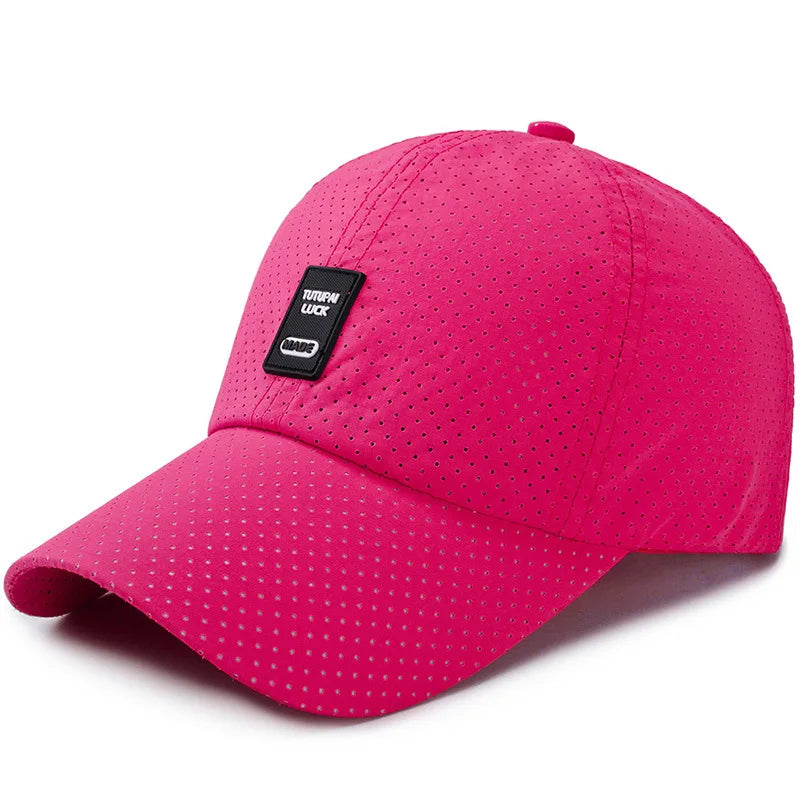 Wholesale Quick Dry Cycling Sports Cap 6-Panel Adjustable Laser Cut Hole Perforated Hat Custom Curved Brim PVC Patch