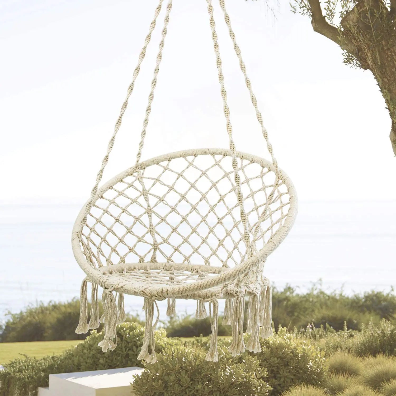 Hammock Chair Macrame Swing Handmade Weave Cotton Rope Hanging Chair With Hanging Hardware Kit Weaving Swing Chair