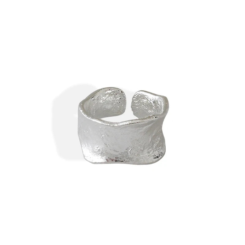 Women`s S925 Sterling Silver Ring Irregular Concave Finger Opening Wide Ring Fine Statement Jewelry