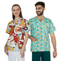 Patterned Print Women's Men's Wholesale Oem logo Custom Nursing V-neck Cotton Scrub Hospital Doctor Uniforms Scrubs Top Tops