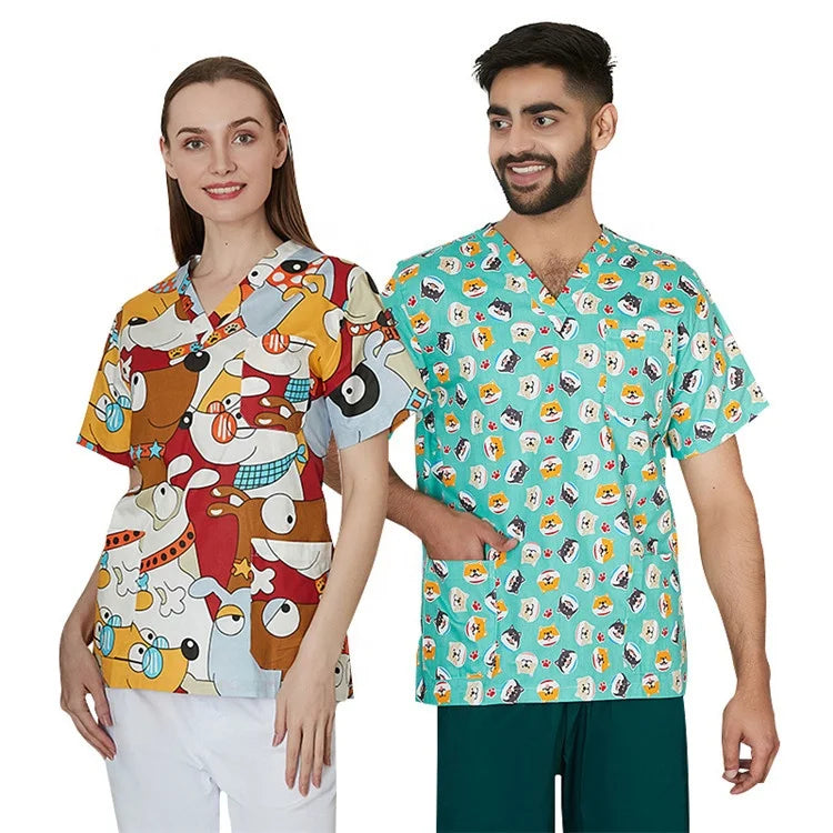 Patterned Print Women's Men's Wholesale Oem logo Custom Nursing V-neck Cotton Scrub Hospital Doctor Uniforms Scrubs Top Tops