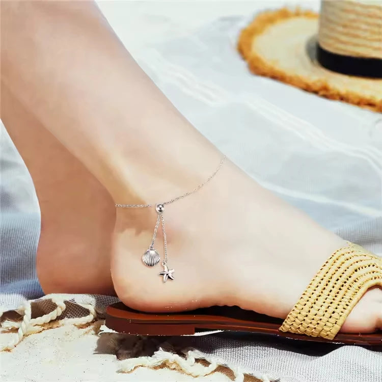 Summer Beach Jewelry S925 Sterling Silver Starfish Shell Charm Adjustable Chain Anklets