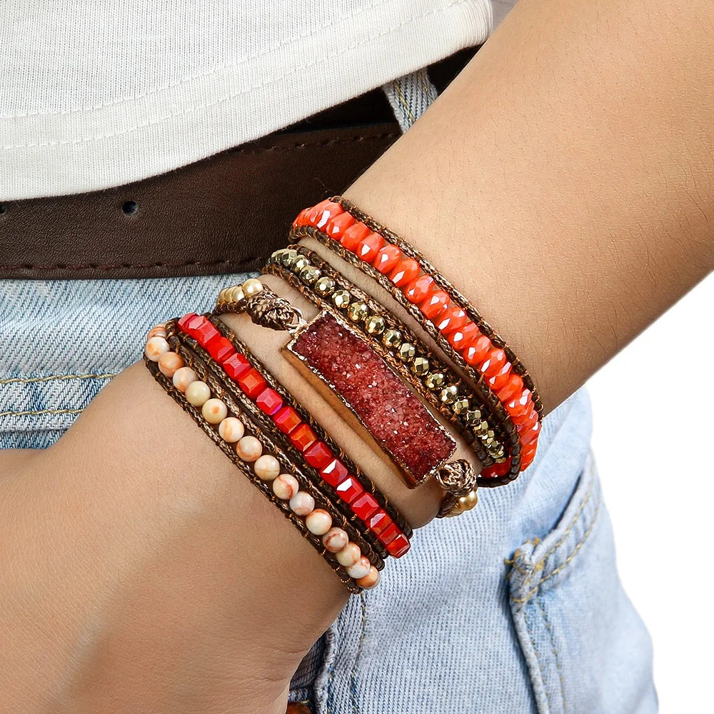 Summer Fashion Women Handmade Armbander Bracelets Crystal Glass Beads Natural Gemstones Mixed Irregular Druzy 5X Wrap Bracelets