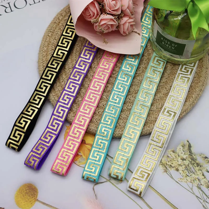 Cheap 15mm Gold Foil Printed Fold Over Elastic Ribbon Rolls for Hair Ties