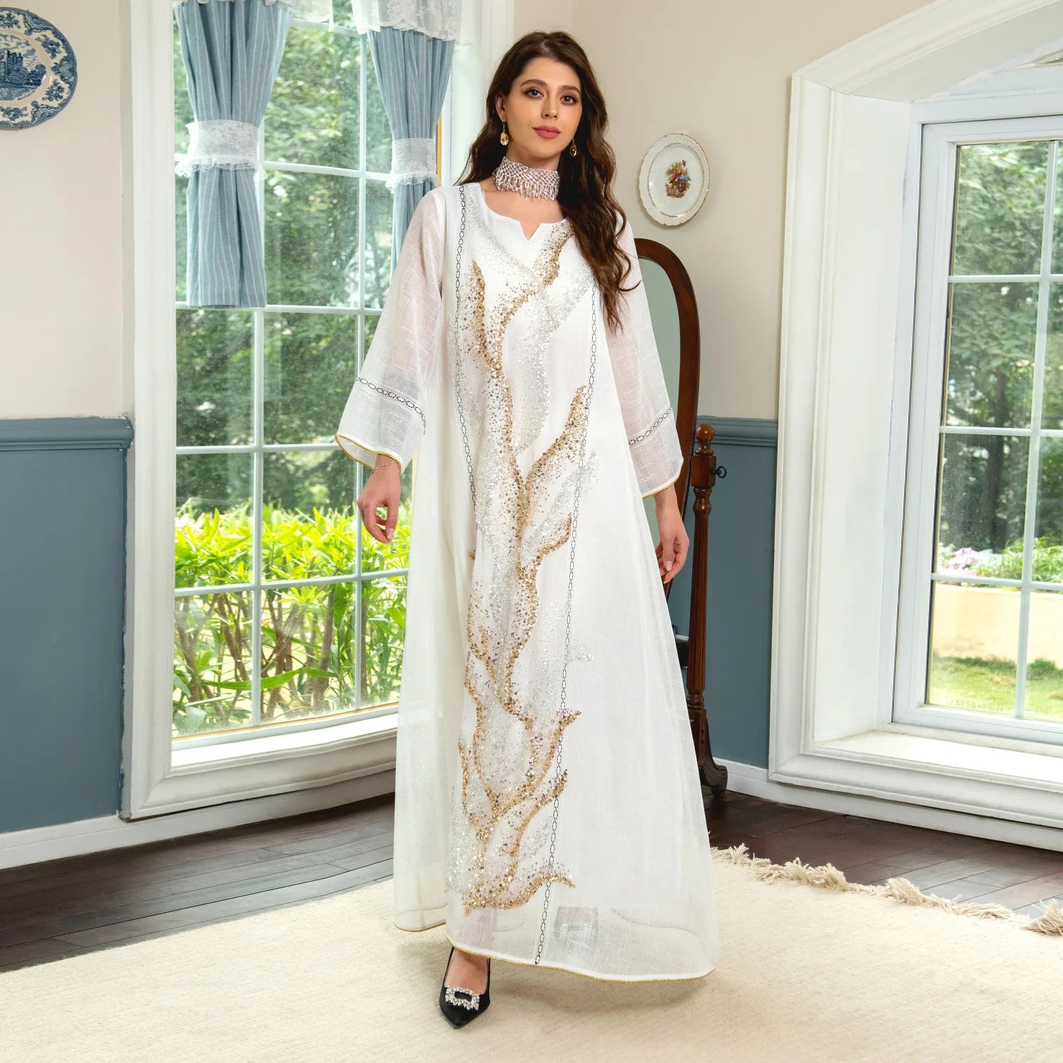 AB295Hot Selling Beaded Eid Muslim Fashion Abaya Dubai Kaftan Dress Designs White Dress Muslim Islamic Clothing Turkey