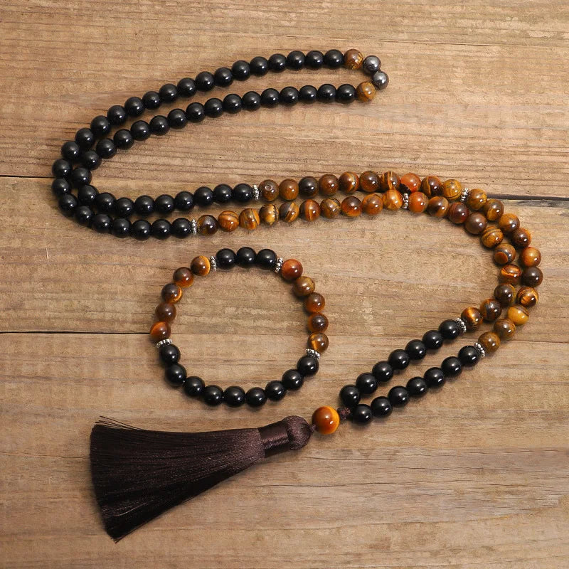 Custom Set Jewelry 108 Beads Long Tassel Charms Yoga Necklace Natural Stone Tiger Eye Agate Beaded Bracelet