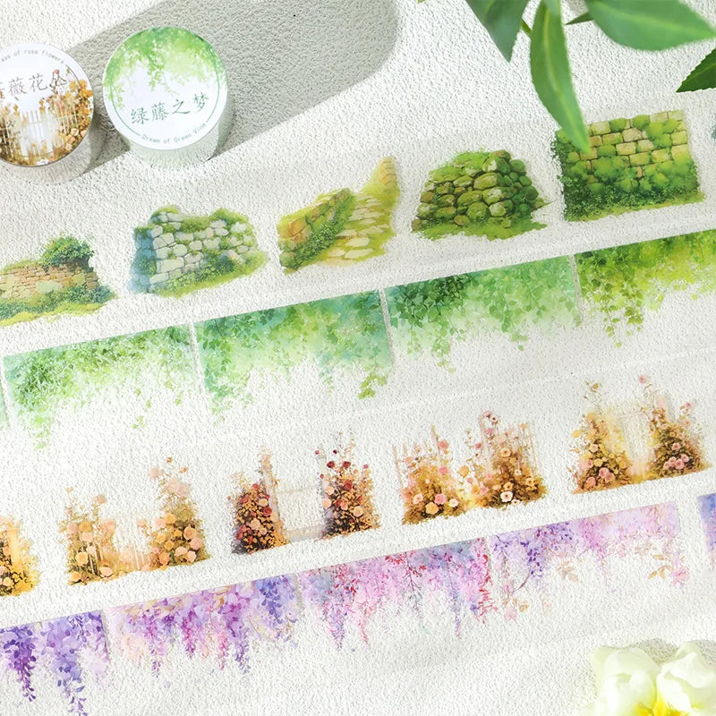 Nature's Realm Series 1Roll Tape Plant Theme Water-Activated Loop Stickers PET Material for Masking Rubber Handbook Decoration