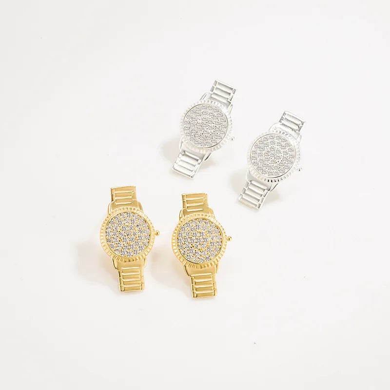Creative Gold Plated Micro Inlay Zircon Watch Earrings S925 Silver Cz Watch Stud Earrings