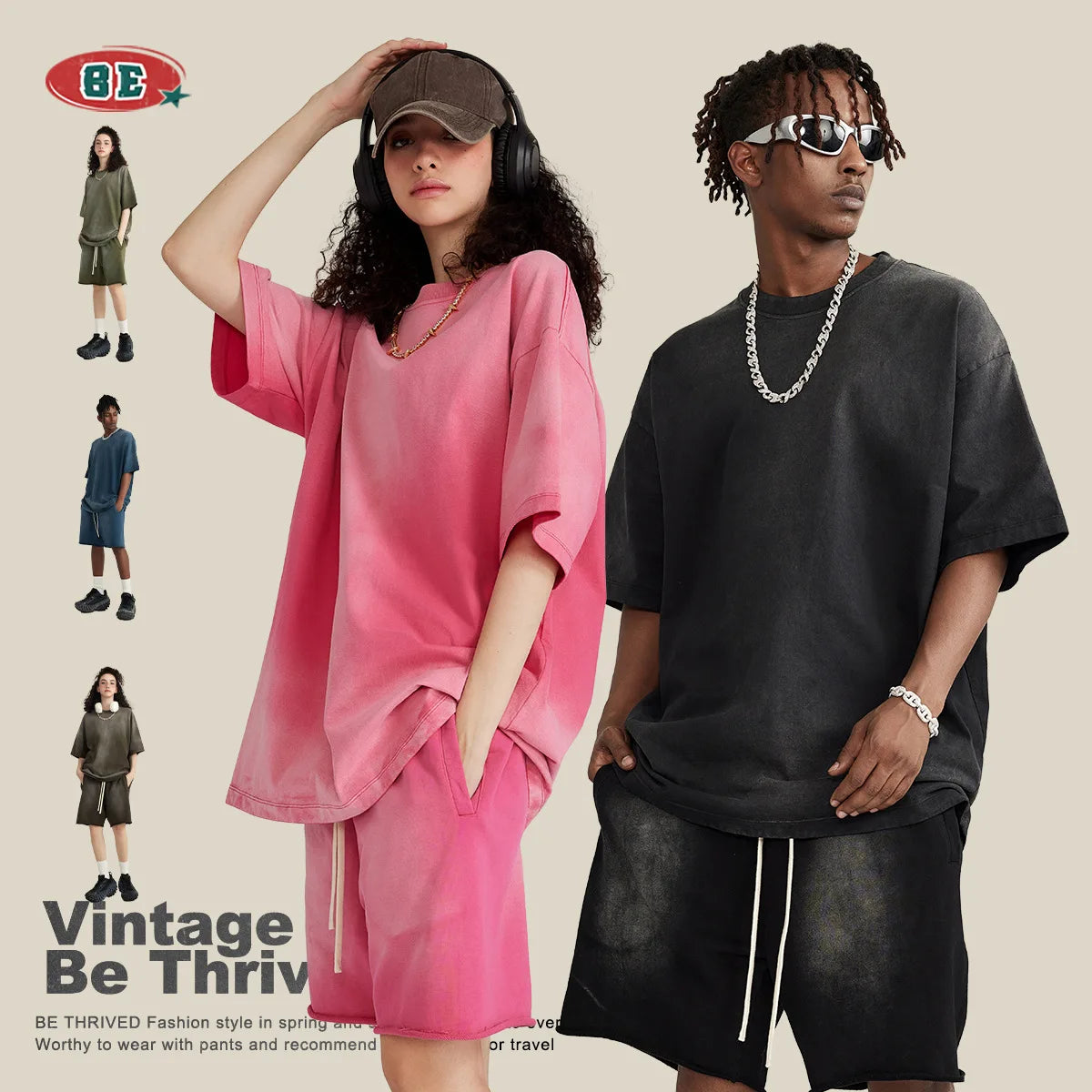 2025 Hot Sale Men's Washed Cotton BE THRIVED Oversized Summer T-shirt Short Sleeve 270G Street Loose Couple Gradient T Shirts