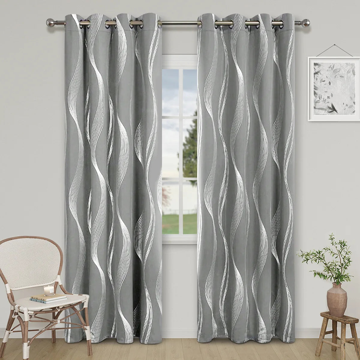 High-Precision Silver Wave Pattern Polyester Blackout Curtains with Rope Format