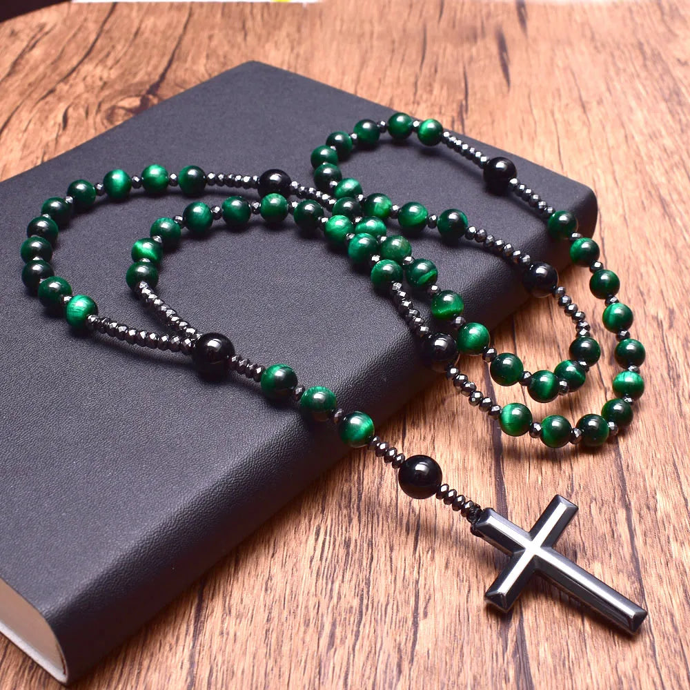 Catholic Christ Rosary Necklaces Green Tiger Eye Onyx with Hematite Cross Pendant Long Necklace Religious Men Rosary