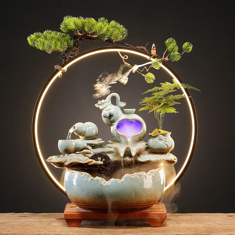 Wholesale Home Decor Table Lamp Light Custom Electric Warmer Elephant Shape Waterfall Backflow Incense Burner With Led Lights