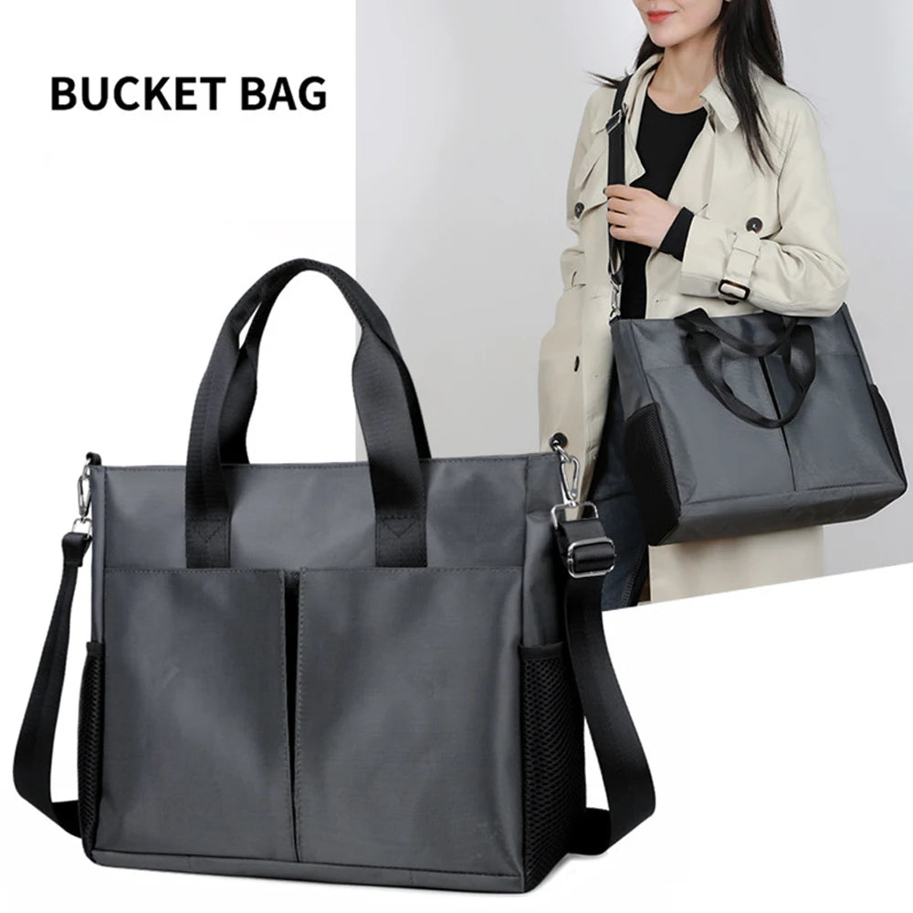Personalized Large Big Plain All Black Women's Everything Zippered Business Nylon Tote Shoulder Bag with Crossbody Strap