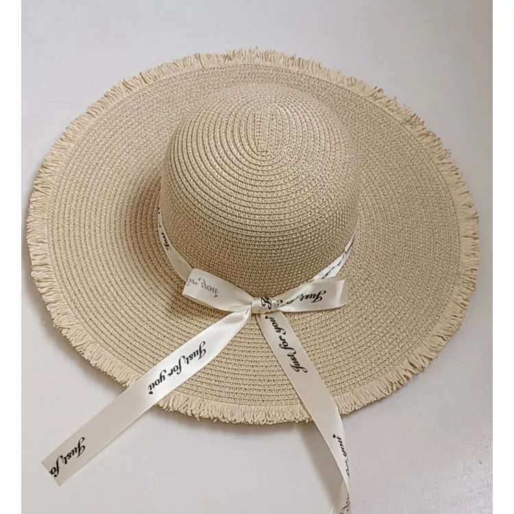 Women New Large Side Flat Brim Beach Travel Summer Sunscreen Bucket Hat Big Brim Straw Hat