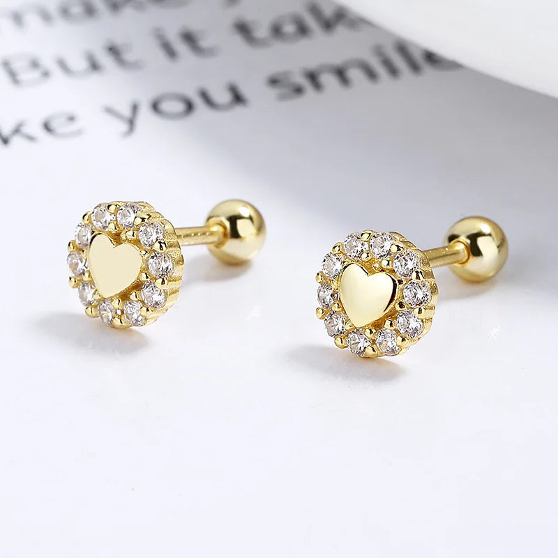 Fashion Jewelry 925 Sterling Silver Threaded Earring love Heart Zircon Gold Plated Stud Earrings Women Valentine's Day