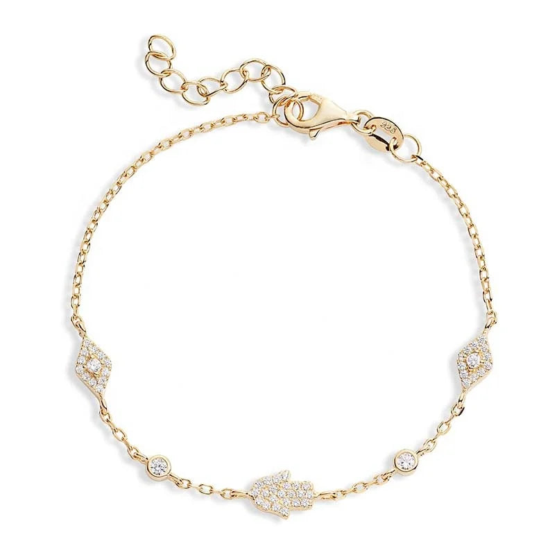 LOZRUNVE Ladies Full Pave Diamond CZ Sparkling Hamsa Evil Eye Charm Bracelet Sterling silver 925