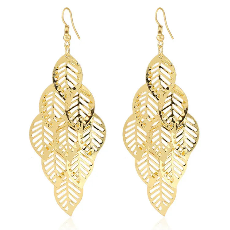 SC Personalized 10cm Long Leaf Drop Statement Earrings Women Fashion Gold Plated Multilayer Hollow Leaves Tassel Earrings
