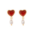 J&D Valentine's Day Romantic Gift Jewelry Stainless Steel Red Agate Fresh Water Pearls Drop Earrings