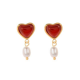 J&D Valentine's Day Romantic Gift Jewelry Stainless Steel Red Agate Fresh Water Pearls Drop Earrings