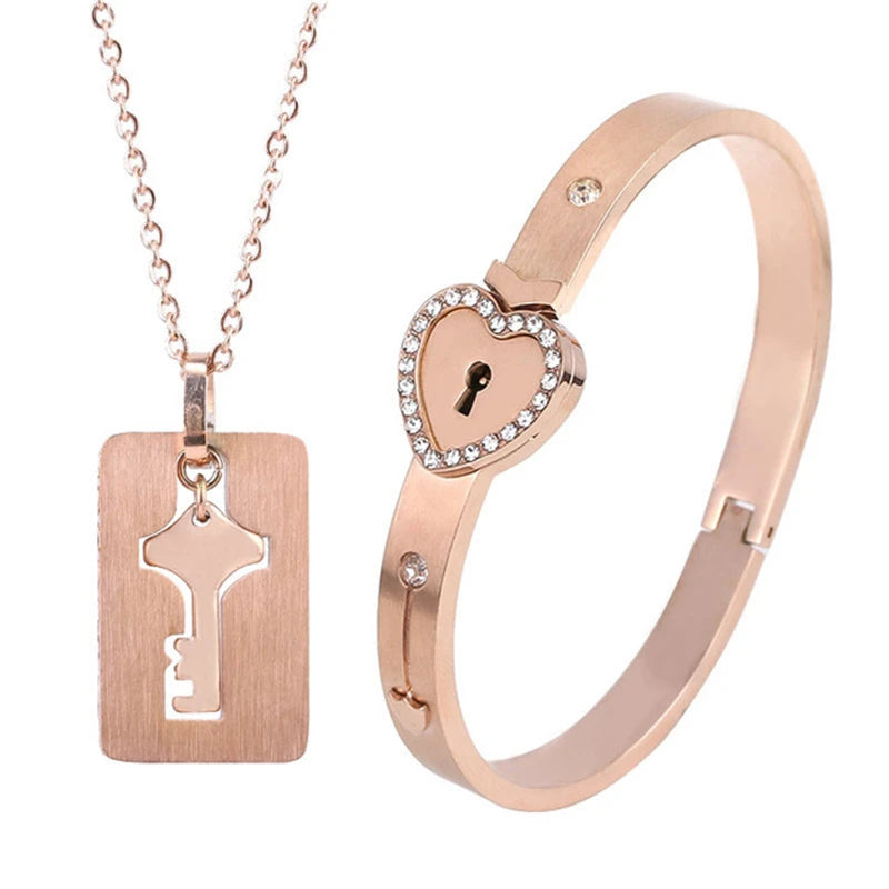 Rose Gold Stainless Steel Lock Key Jewelry Sets Necklace Bracelet
