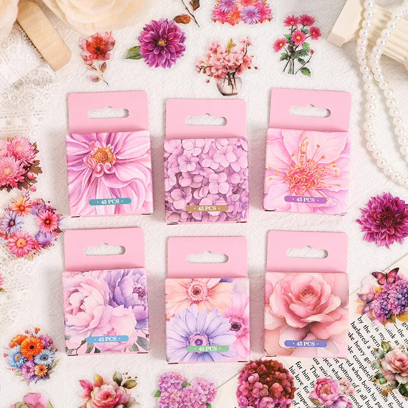 Pack of 45 PET Pink Seasonal Flowers DIY Materials Decorative Stickers 6 Styles for Personalizing Your Space