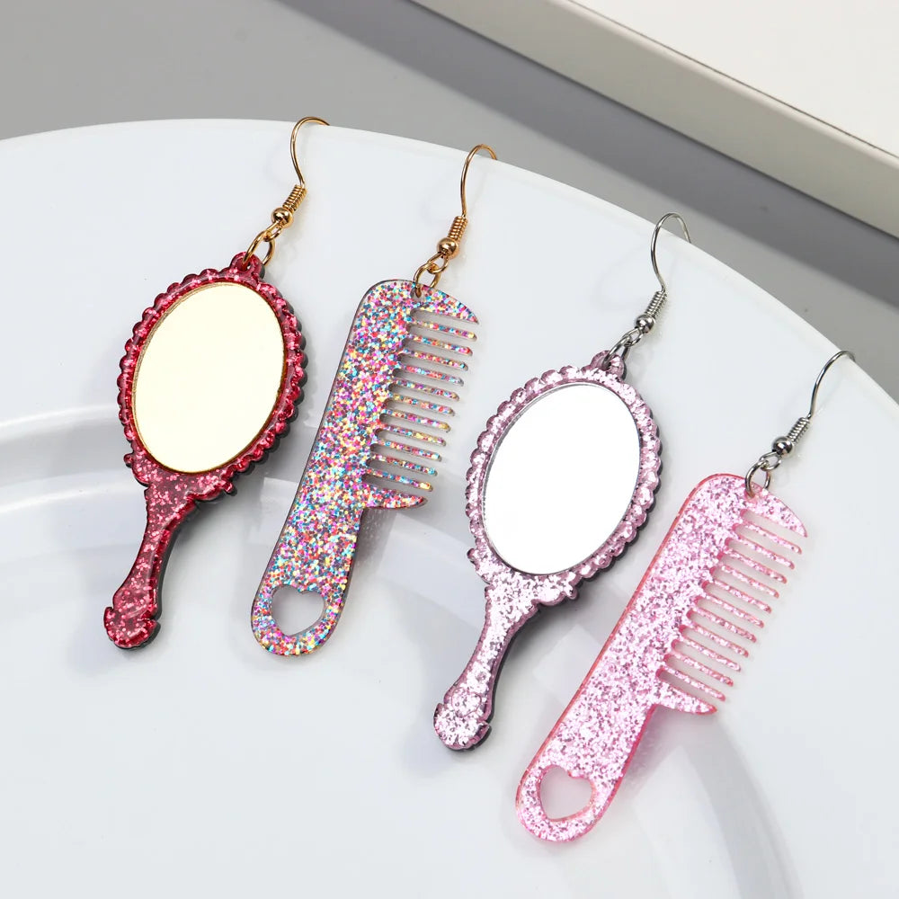 Wholesale Creative Design Comb Mirror Asymmetrical Earrings Colorful Glitter Exaggerated Geometric pink Acrylic Earrings Cosplay