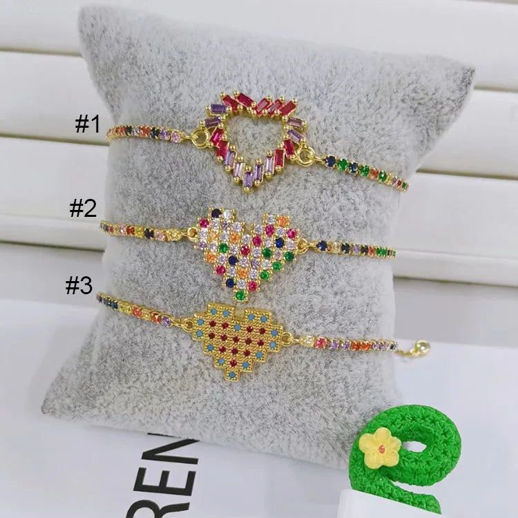 BC1460 Chic 18k Gold Plated Rainbow Multicolor Diamond CZ Micro Pave Love Heart Baguette Tennis Chain Bracelet