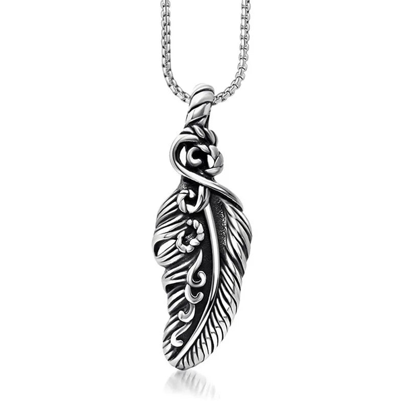 Trendy Retro Silver Stainless Steel Jewelry Men Feather Pendant for Thanksgiving Day Gift