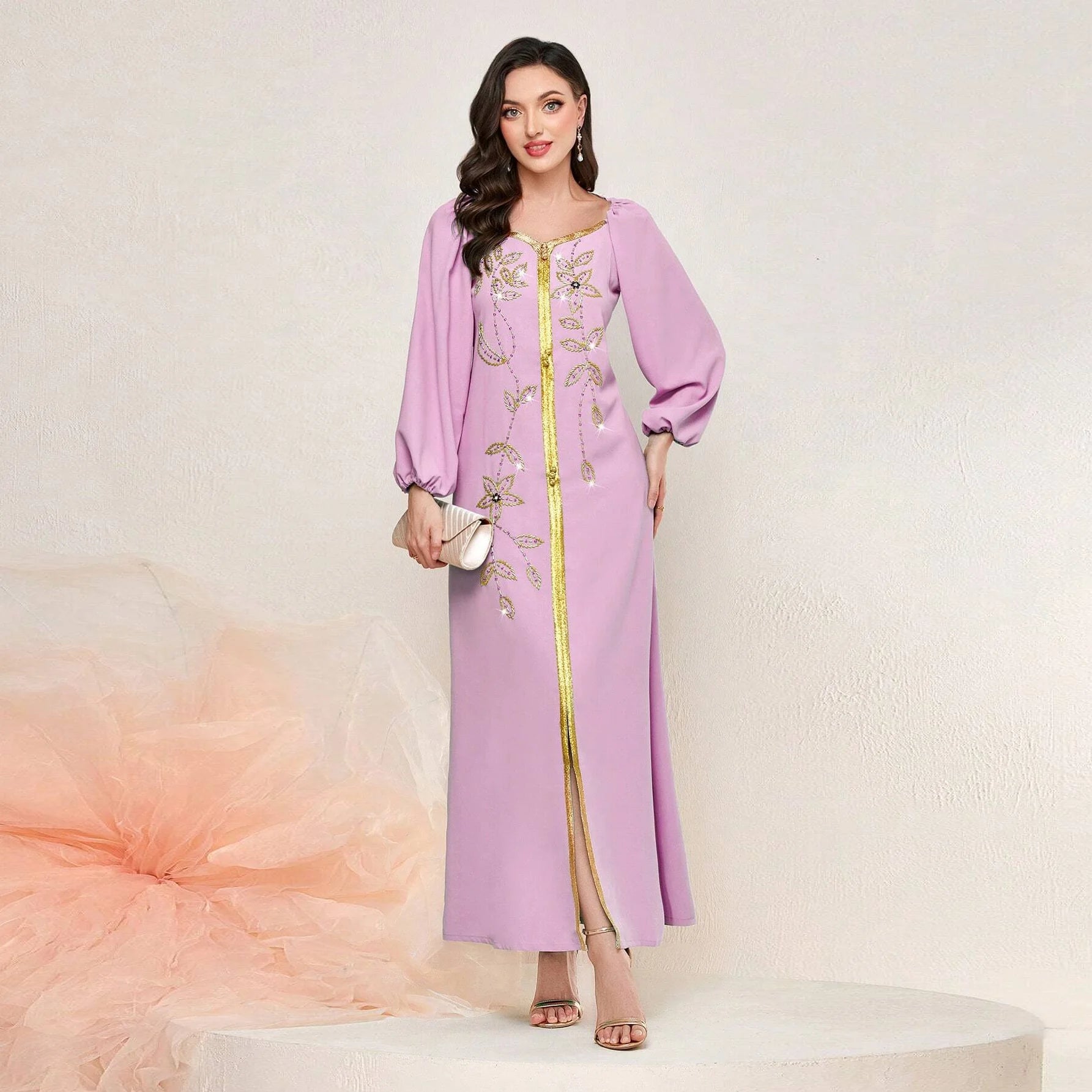 2023 Dubai Luxurious off Shoulder Pearl Abaya Dress Shiny Modest Abaya for 2023 Ramadan Abaya Turkey