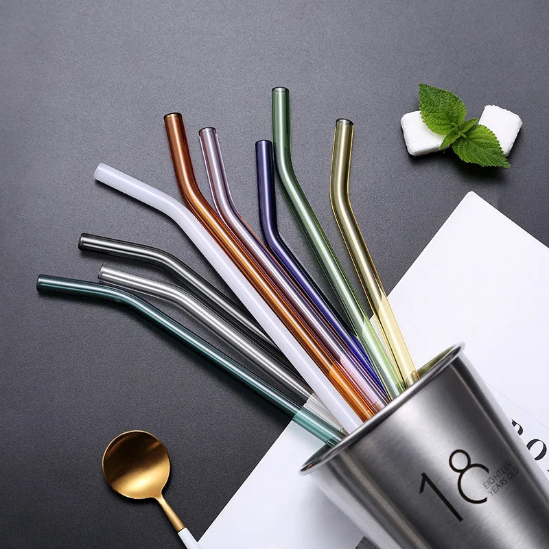 Custom LOGO Colorful Borosilicate Glass Drinking Straw Eco-friendly Reusable Bent Glass Juice Cola Tube Straw Party Drinkware