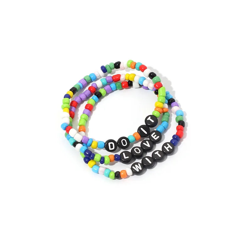 Handmade Glass Seed Rice Bead Beaded Acrylic Do It with love Inspire Charms Elastic Beads Bracelet Jewelry 3pcs Pack