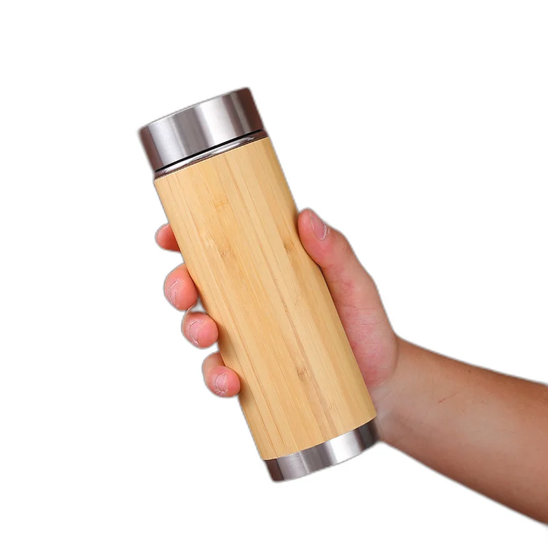 Wholesale 500ml Eco-Friendly Bamboo Insulated Water Bottle Direct Double Wall Stainless Steel Vacuum