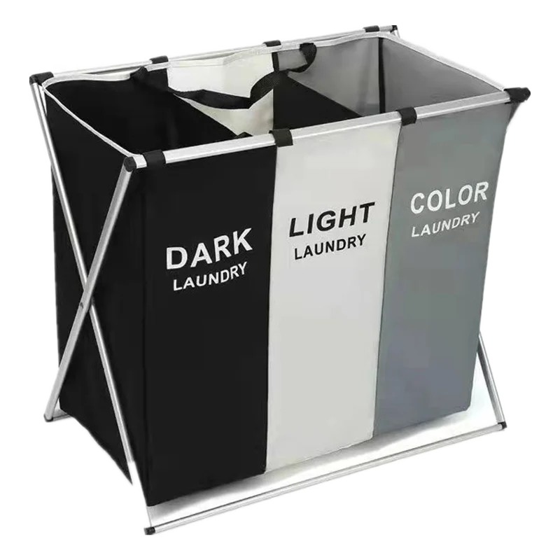 Large 3-Section X-Frame Double Laundry Basket Durable Grey Clothes Bag for College Apartment Use Home Usage