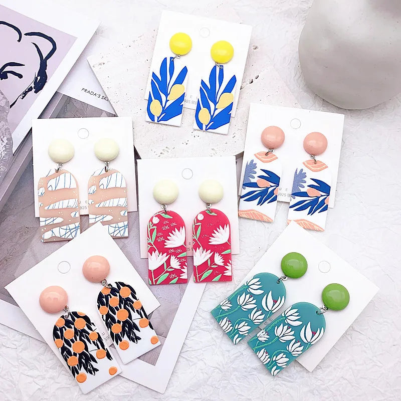 2025 New Small Fresh Pastoral Flower Color Printing Pendant Acrylic Earrings Are Suitable for Women