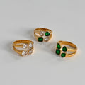 Dazan Autumn Winter New HOT Ins Trendy 18k Pvd Gold Plated Stainless Steel Double Unique Green Zircon Slim Ring
