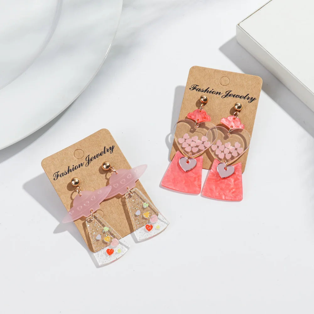 Fashion Pink Valentine's Day Jewelry Glitter Heart Earrings Spaceship Pendant Acrylic Earrings for Women