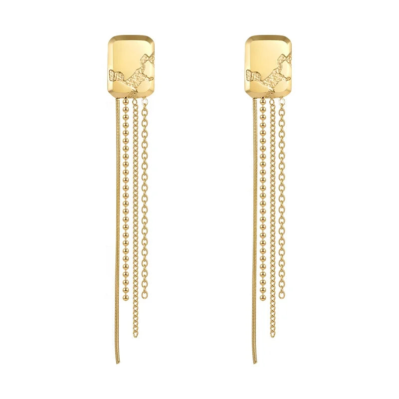 18K Gold Plated Stainless Steel Jewelry Rectangular Patterned Long Tassel Drop Accessories Earrings E221354