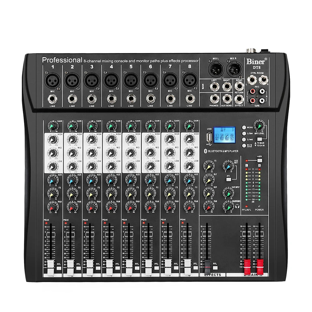 Biner DT8 Professional Audio Mixer USB Input 48V Performance 8 Channel Audio Console  Mixer