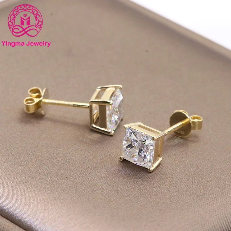 Fancy 1 Carat Moissanite Stud Earrings Real 14K Yellow Gold / White Gold / Rose Gold Screw Back Princess Cut Moissanite Earrings