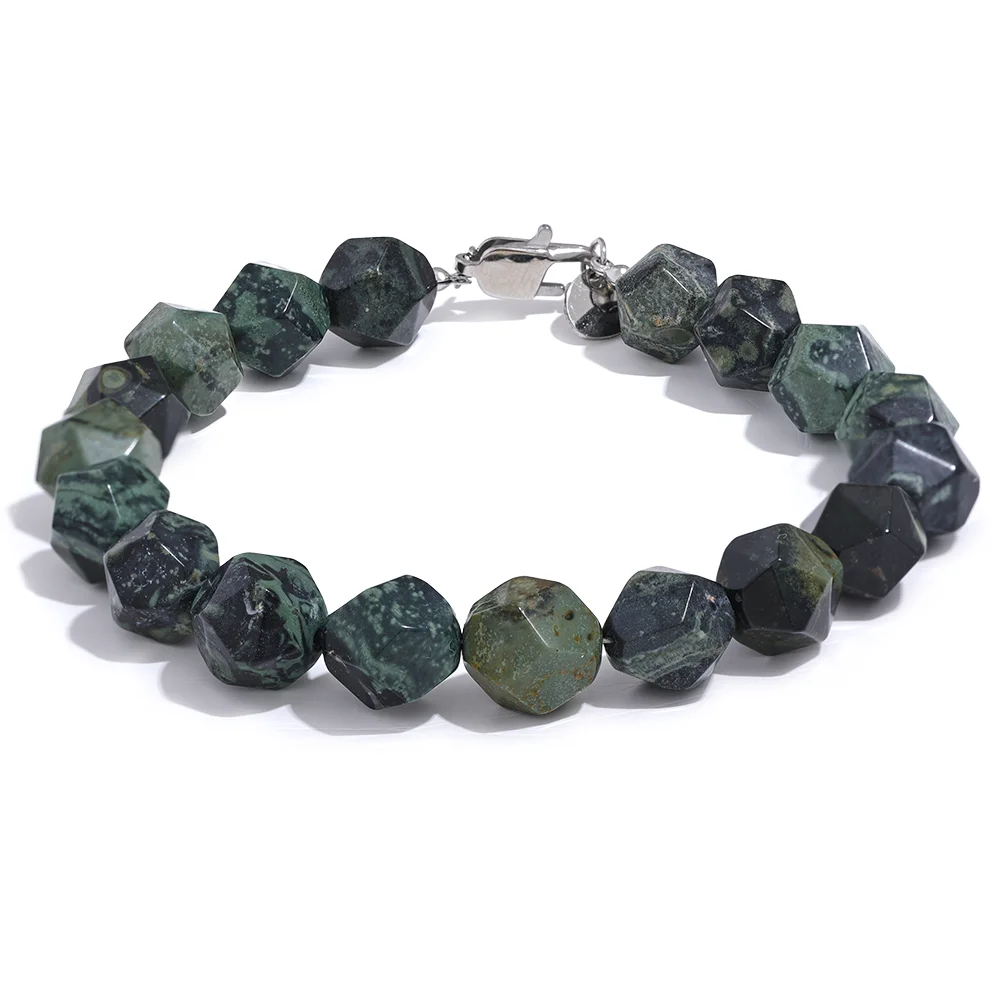 JINYOU 5029 8# 10# Natural Malachite Cub Stone Beads Handmade Bracelet Bangle Stainless Steel Men Women Unisex Health Jewelry