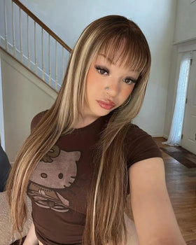 Highlight Color Human Hair Wigs With Bangs Bone Straight Full Machine Fringe Wig for Women