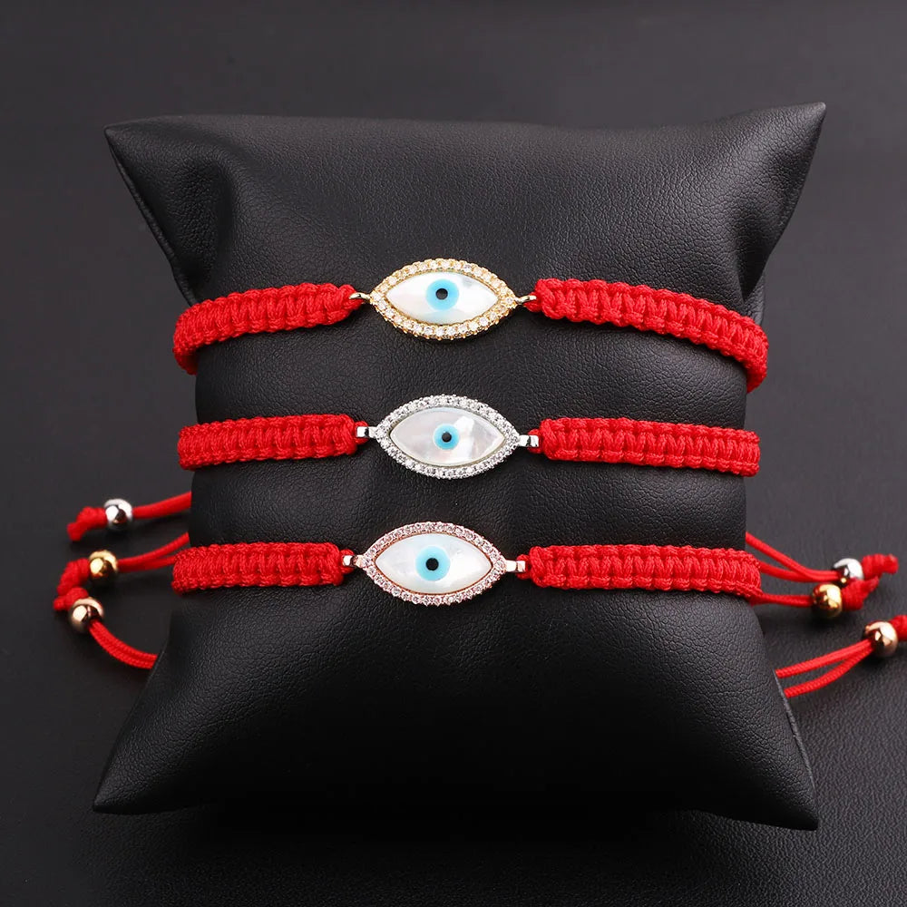 New Design CZ Micro Pave Shell Eye Heart Charm Red Cord Braided Macrame Friendship Lucky Bracelet Fashionable CZ Charm Bracelets